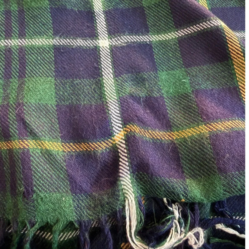 100% Cashmere Plaid Scarf Green Blue Yellow Fringe 12x66